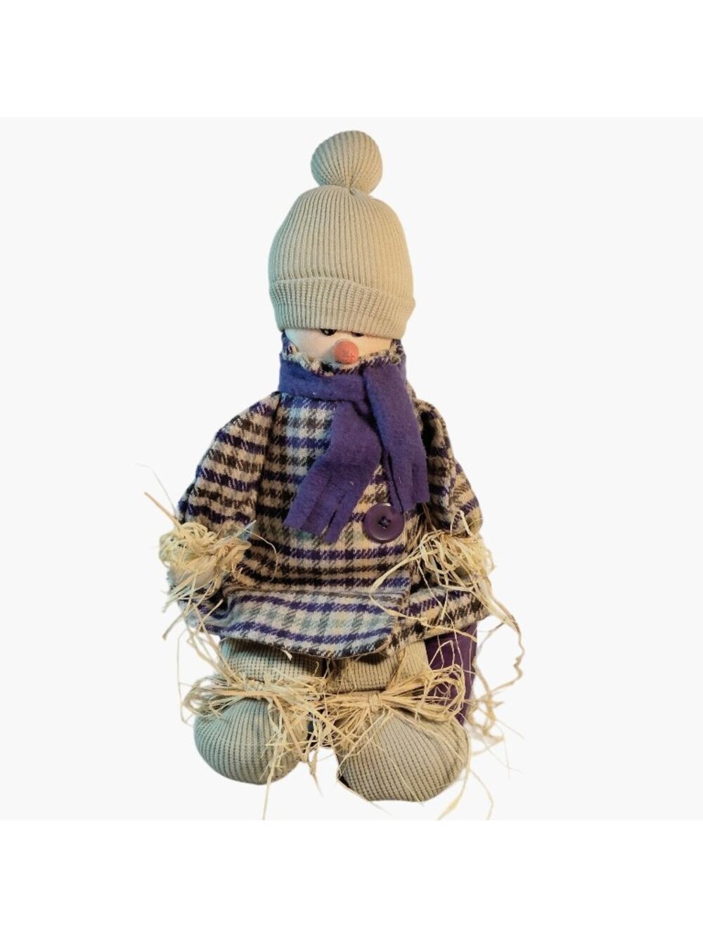 Snowman Doll Purple Plaid Coat Scarf Hat Shelf Sitter Handmade Fabric
